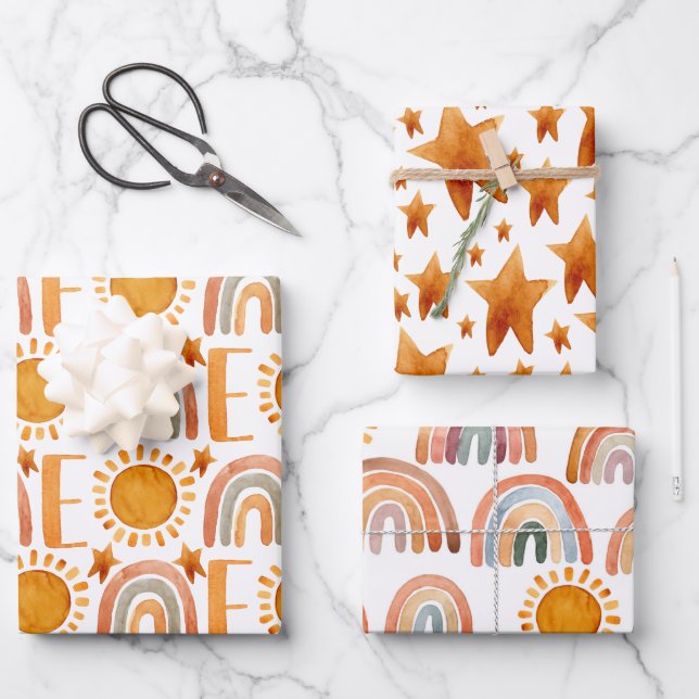 Watercolor 1st Birthday Happy Fun Boho  Wrapping Paper Sheet (Front)