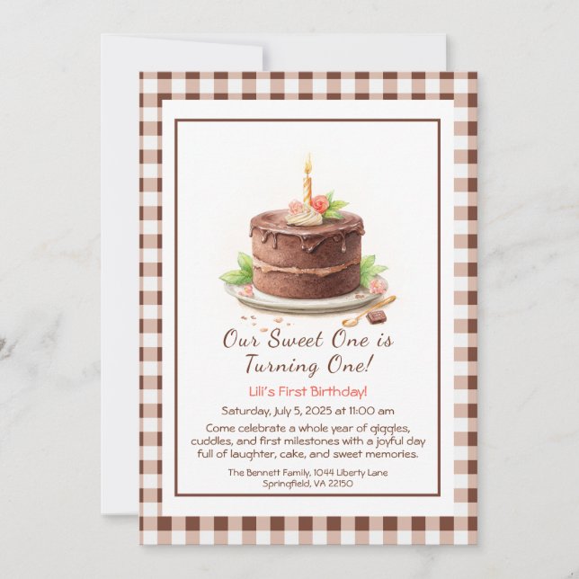 Watercolor 1st Birthday Invitation - Cake chocolat (Front)