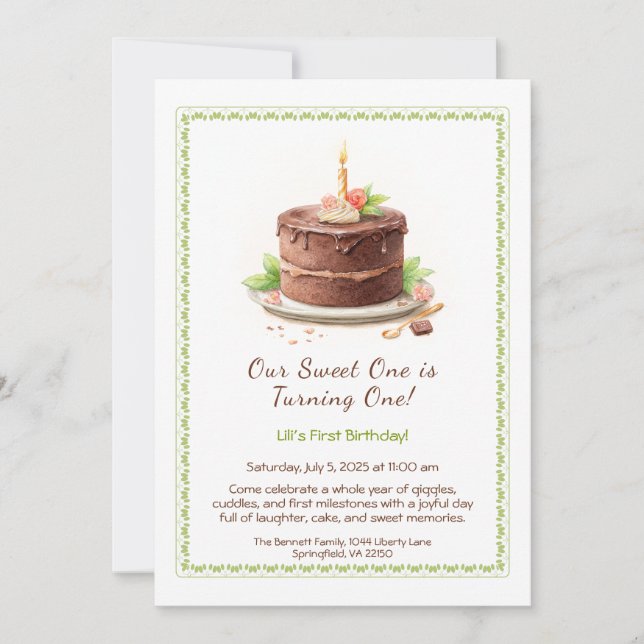 Watercolor 1st Birthday Invitation - Cake chocolat (Front)
