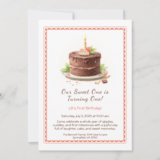 Watercolor 1st Birthday Invitation - Cake chocolat (Front)