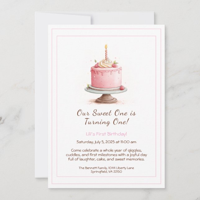 Watercolor 1st Birthday Invitation - Cake pink (Front)