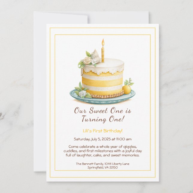 Watercolor 1st Birthday Invitation - Cake yellow (Front)