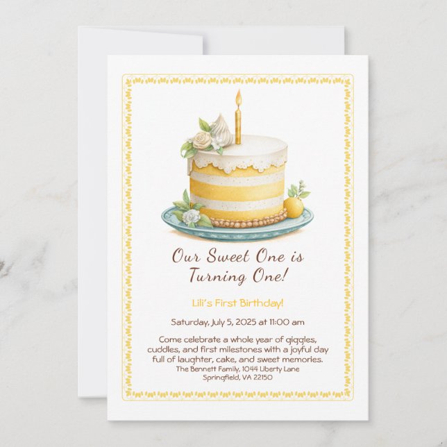 Watercolor 1st Birthday Invitation - Cake yellow (Front)
