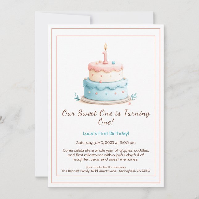 Watercolor 1st Birthday Invitation with Cake Candl (Front)