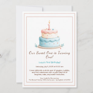 Watercolor 1st Birthday Invitation with Cake Candl