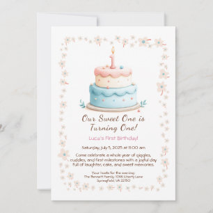 Watercolor 1st Birthday Invitation with Cake Candl