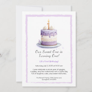 Watercolor 1st Birthday Invitation with Cake lilac
