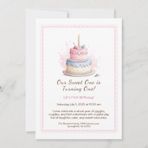 Watercolor 1st Birthday Invitation with Cake pink