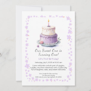 Watercolor 1st Birthday Invitation with lilac cake