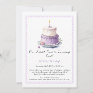 Watercolor 1st Birthday Invitation with lilac cake