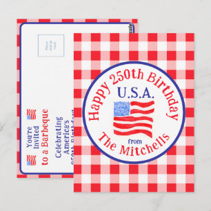 Watercolor 250 Bday USA Flag Red Check INVITATION Postcard