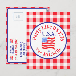 Watercolor 250 Bday USA Flag Red Check PARTY 1776 Postcard