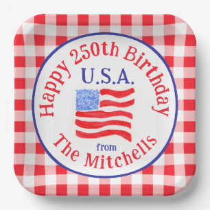 Watercolor 250 Birthday USA Flag Red Check NAME Paper Plate