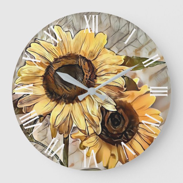 Watercolor 2 Glossy Sunflowers Elegant Collection Large Clock (Front)