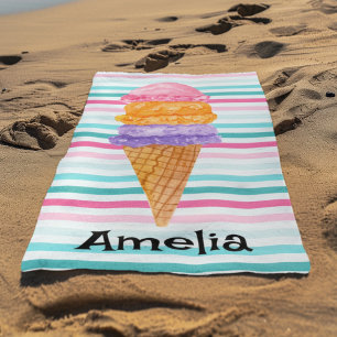 Watercolor 3 Scoop Ice Cream Personalised Beach Towel