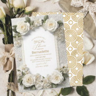  Watercolor 3D white flowers  gold  Bridal Shower Invitation