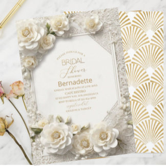  Watercolor 3D white flowers  gold  Bridal Shower Invitation