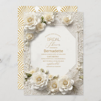 Watercolor 3D white flowers  gold  Bridal Shower Invitation
