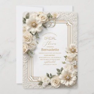  Watercolor 3D white flowers  gold  Bridal Shower Invitation