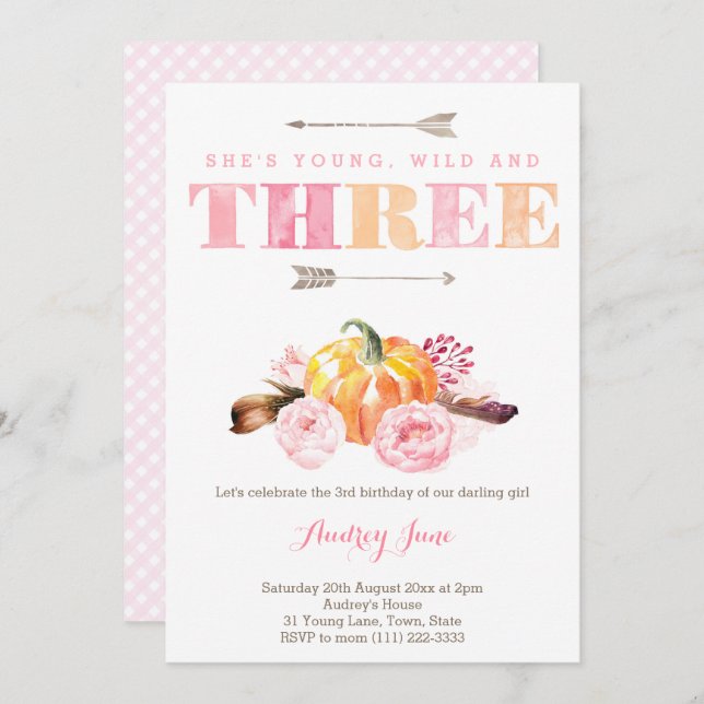 watercolor 3rd birthday party invite, boho pumpkin invitation (Front/Back)