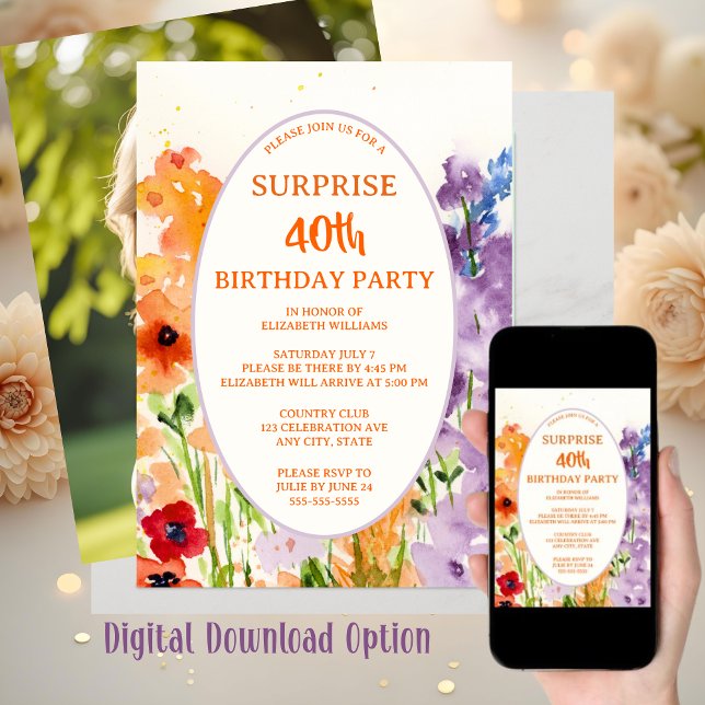 Watercolor 40th Photo Custom Surprise Birthday Inv Holiday Card (Creator Uploaded)