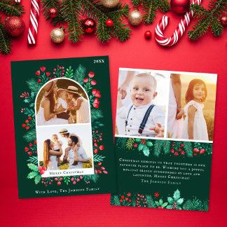 Watercolor 4 Photo Christmas Card Front + Back