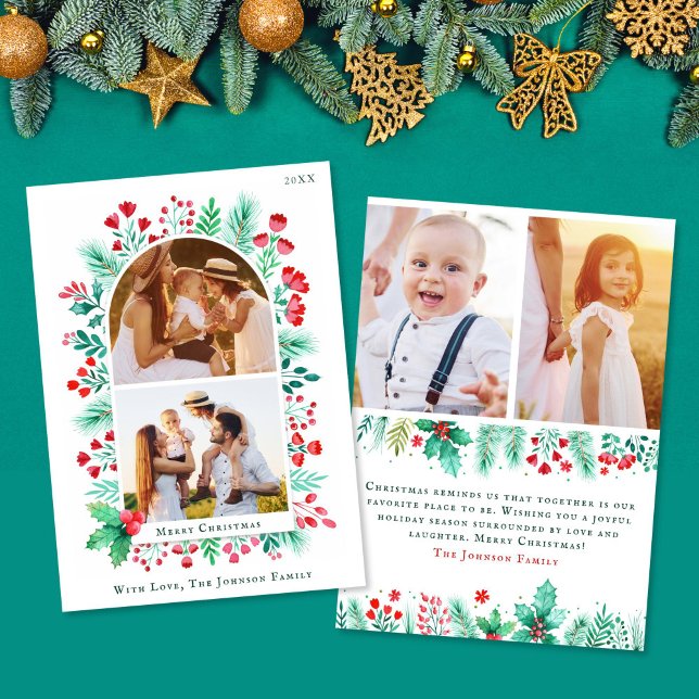 Watercolor 4 Photo Christmas Card Front + Back (Watercolor 4 Photo Christmas Card Front + Back)