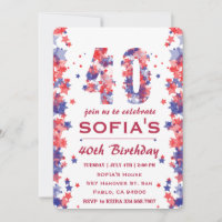 Watercolor 4th July 40th Birthday Party Invitation