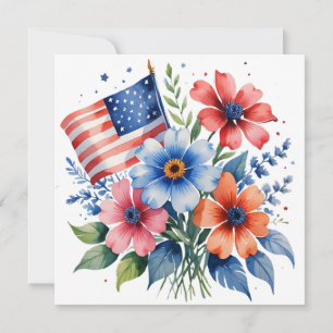 Watercolor 4th of July American Flag and Flowers Holiday Card