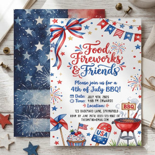 Watercolor 4th of July BBQ Food Fireworks Invitation