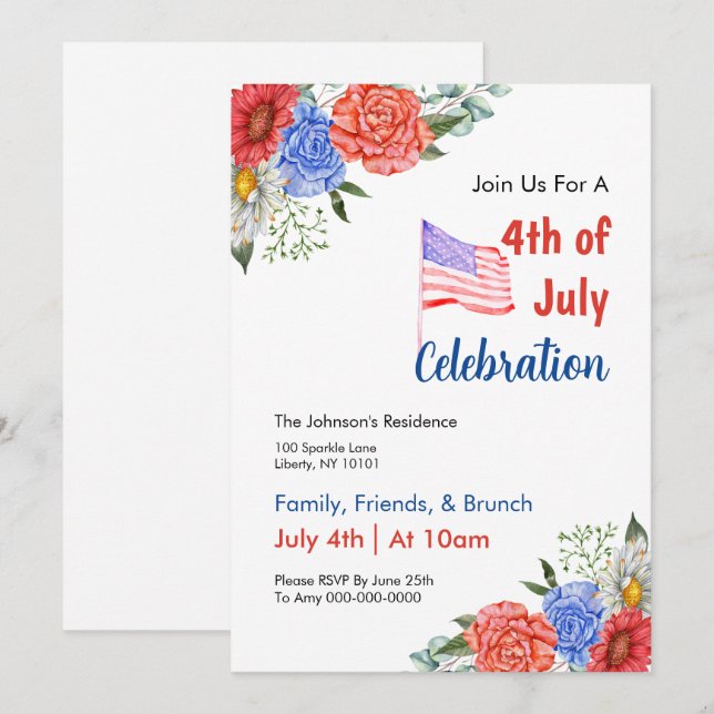Watercolor 4th of July Brunch Invitation (Front/Back)