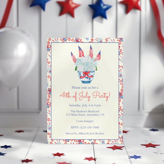 Watercolor 4th of July Hydrangeas & American Flags Invitation (Creator Uploaded)