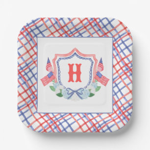 Watercolor 4th of July Hydrangeas Monogram Crest Paper Plate