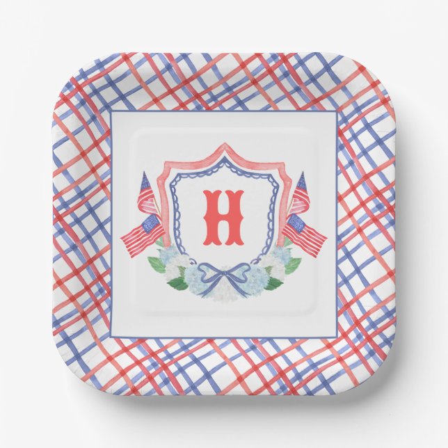 Watercolor 4th of July Hydrangeas Monogram Crest Paper Plate (Front)