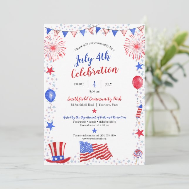 Watercolor 4th of July Independence Day Party Announcement (Standing Front)