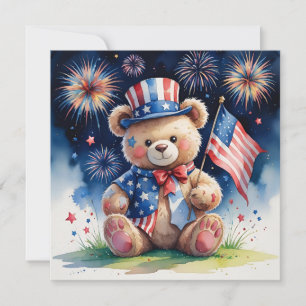 Watercolor 4th of July Patriotic Teddy Bear  Holiday Card