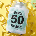 Watercolor 50th Birthday Can Cooler<br><div class="desc">A blend of cute script and modern boldness with this simple "50 And Fabulous" design! Featuring a classic black and white colouring with a splash of colour from the teal blue (or light turquoise) watercolor background. Customise to the name and date (you can use the birthday, party day, or original...</div>