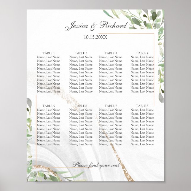 Watercolor 8 Tables Seating Chart Poster Sign (Front)