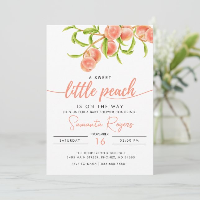 Watercolor A Sweet Little Peach Baby Shower Invitation (Standing Front)