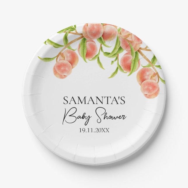Watercolor A Sweet Little Peach Baby Shower Paper Plate (Front)