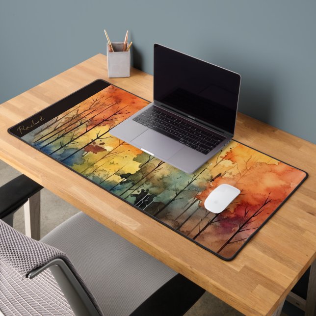 Watercolor Abstract Autumn Rainbow Trees Monogram  Desk Mat (Office 2)