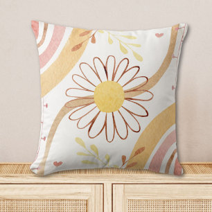 Watercolor Abstract Botanical Flower and Rainbow Cushion
