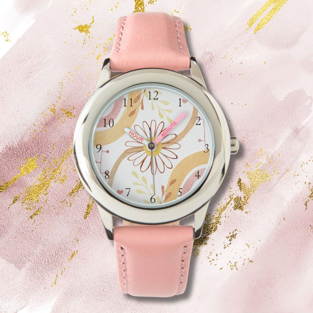 Watercolor Abstract Botanical Flower and Rainbow Watch (Close up)