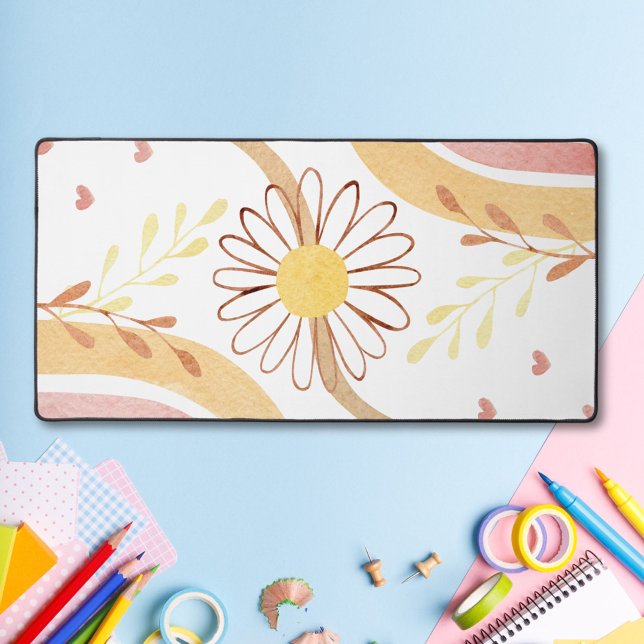 Watercolor Abstract Botanical Flower Rainbow Kids Desk Mat (In situ)