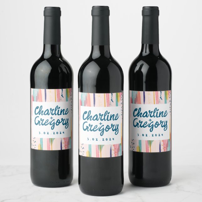 Watercolor Abstract Colourful Brush Strokes Weddin Wine Label (Bottles)