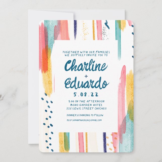 Watercolor Abstract Colourful Brush Wedding Invitation (Front)