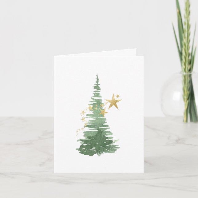 Watercolor Abstract Evergreen Tree with Stars Holiday Card (Front)