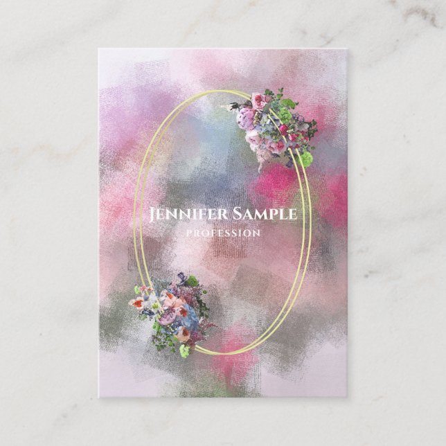 Watercolor Abstract Flowers Gold Frame Modern Chic Business Card (Front)