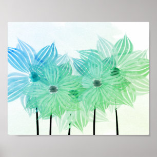 Watercolor Abstract Flowers Green Blue Poster