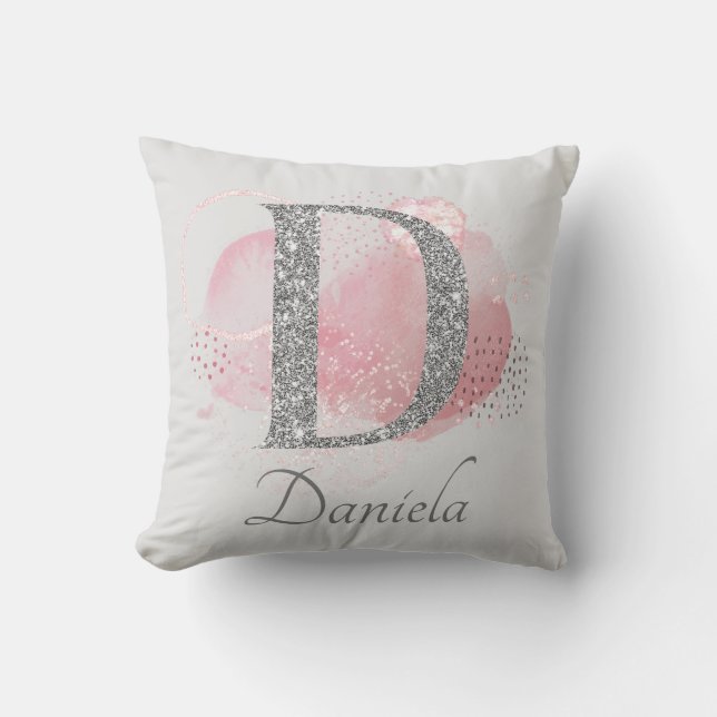 Watercolor Abstract & Glitter Letter  D  Cushion (Front)